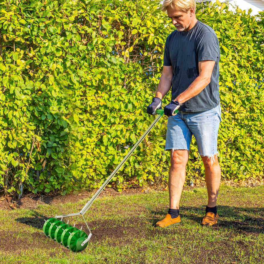 Rolling Lawn Aerator, Manual Grass Spike Roller, Heavy Duty Garden Aerator with 3 Piece Detachable Handle and T-bar Grip, Outdoor Garden Lawn Tool, Dark Green