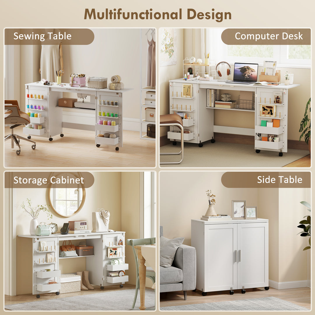 Folding Sewing Table with 2 Magnetic Doors, Storage Shelf, Lockable Wh