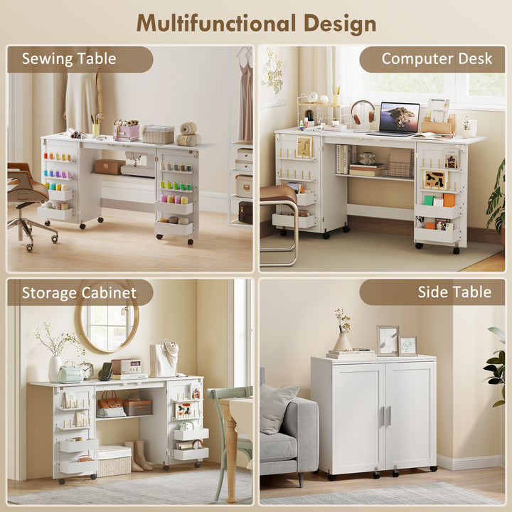 Folding Sewing Table with 2 Magnetic Doors, Storage Shelf, Lockable Wh