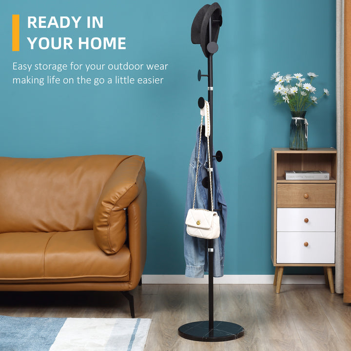 Coat Rack Free Standing Hall Tree with 8 Round Disc Hooks for Clothes, Hats,Purses, Steel Entryway Coat Stand with Marble Base for Entryway, Living Room, Bedroom, Black
