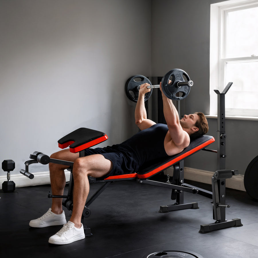 Adjustable Weight Bench with Leg Extension, Barbell Rack, Preacher Curl Pad, Butterfly, Multi-Function Home Gym Bench for Strength Training, Red