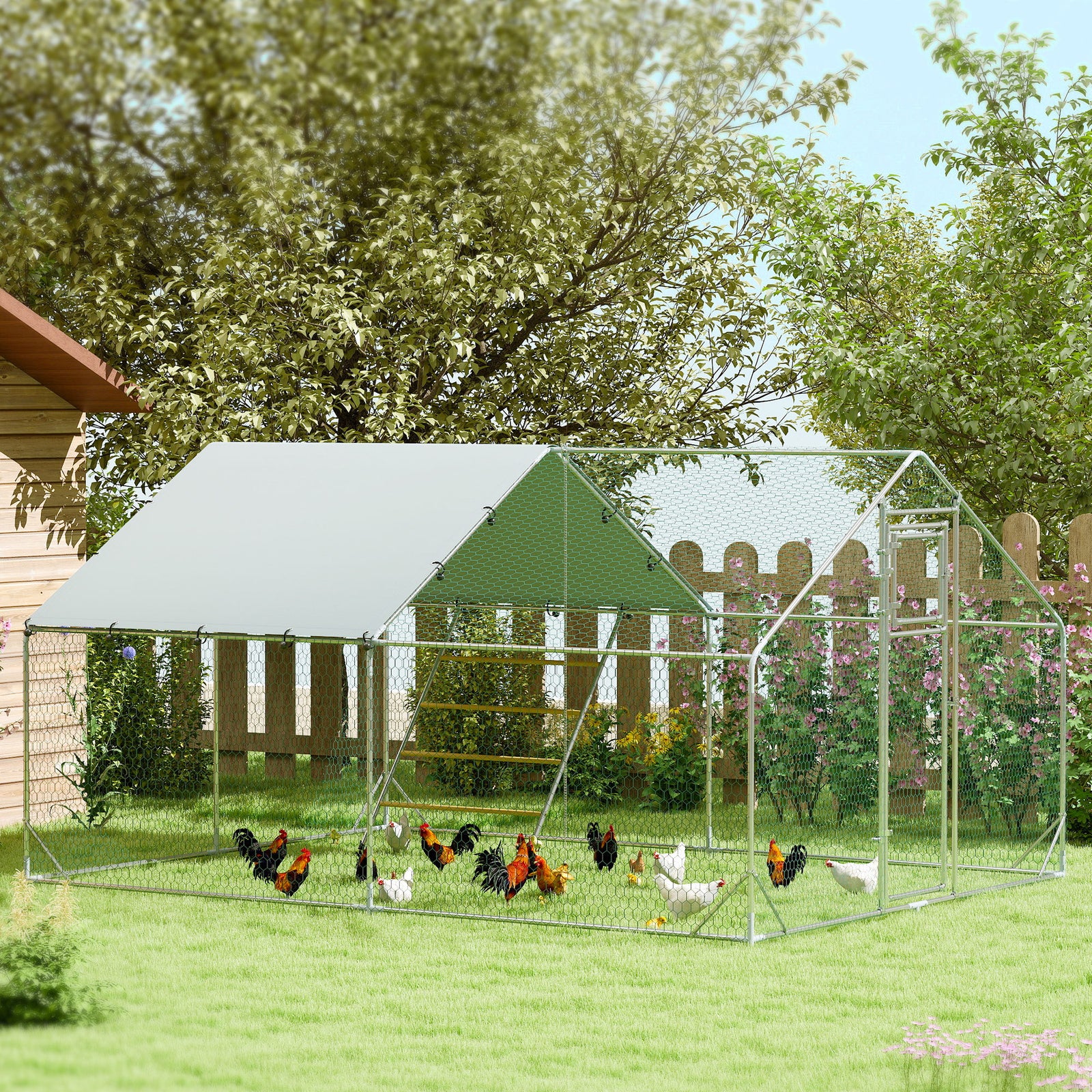 Walk-in Chicken Run w/ Cover, Feeding Door, Hanging Feeder, Perch, for 12-18 Poultry