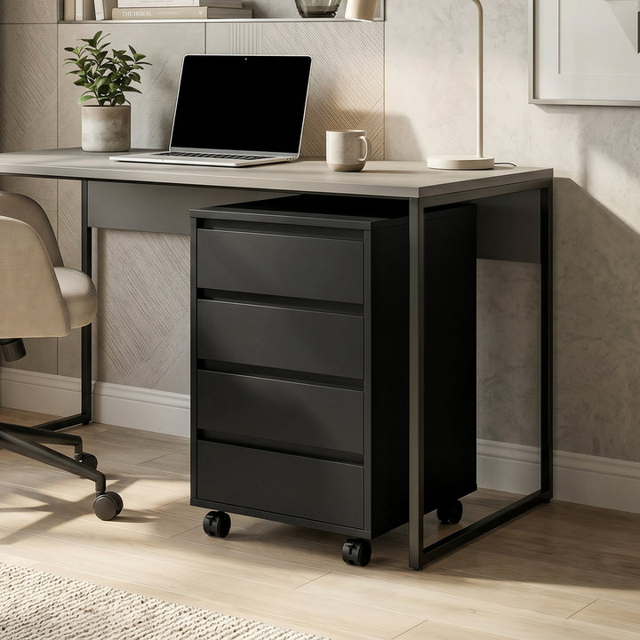 Four-Drawer Office Filing Cabinet, with Wheels - Black