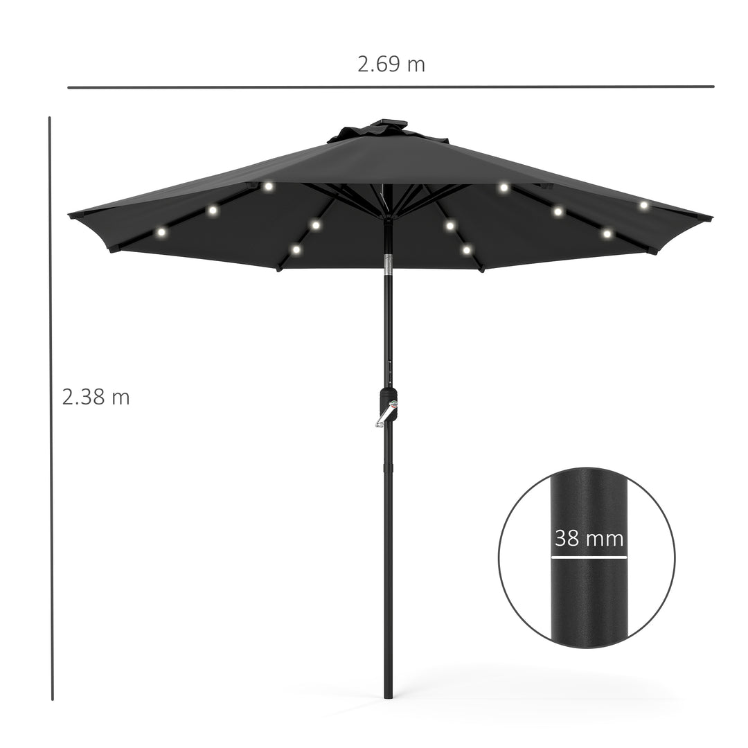Φ2.7m Garden Parasol Solar Outdoor Tilt Sun Umbrella Patio Sun Shade w/ 24 LED Light, Hand Crank and 8 Ribs, Black