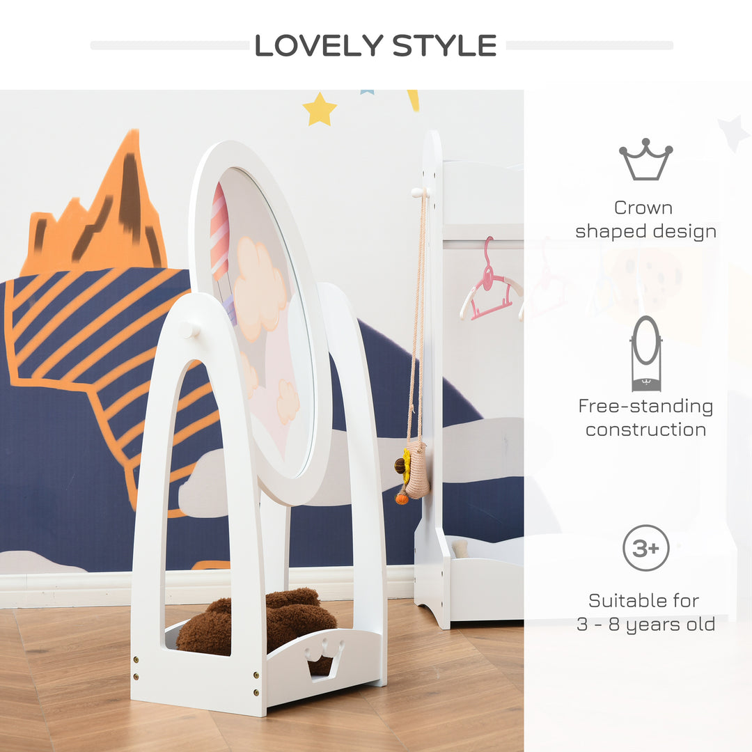 Free Standing Full Length Mirror, Child's Dressing Mirror with storage shelf, Children's White Bedroom Furniture 360° Rotation MDF, For 3- 8 Years Old, 40L x 30W x 104H cm