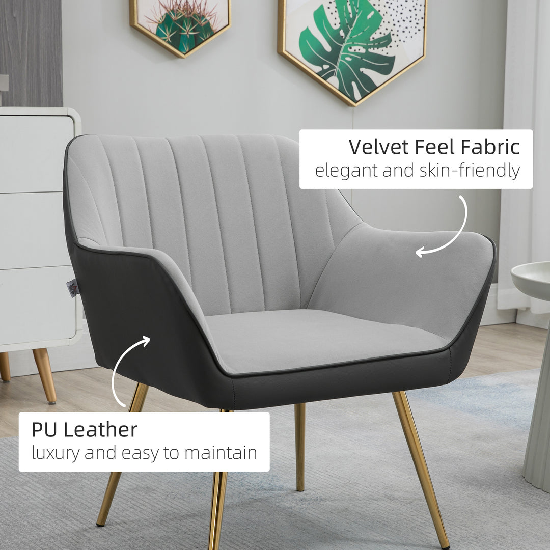 HOMCOM Velvet Accent Chair: Luxurious Armchair with Golden Legs for Lounge & Bedroom, Light Grey | Aosom UK