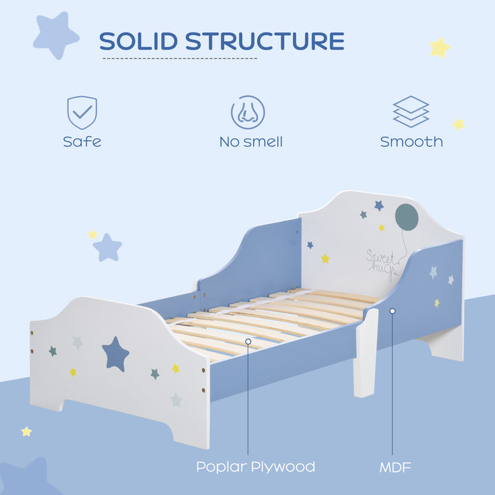 HOMCOM Kids Toddler Wooden Bed Round Edged with Guardrails Stars Image 143 x 74 x 59 cm Blue | Aosom UK