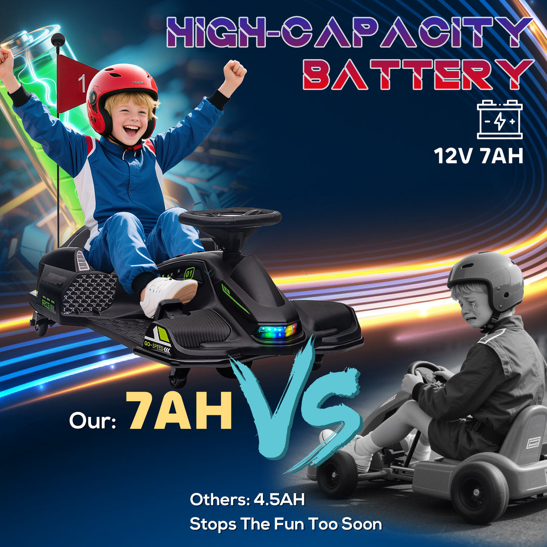 12V Kids Electric Go Kart with Music, LED Lights, Slow Start, Black