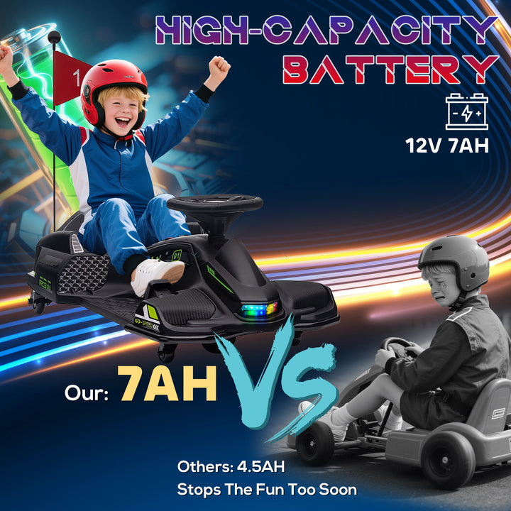12V Kids Electric Go Kart with Music, LED Lights, Slow Start, Black