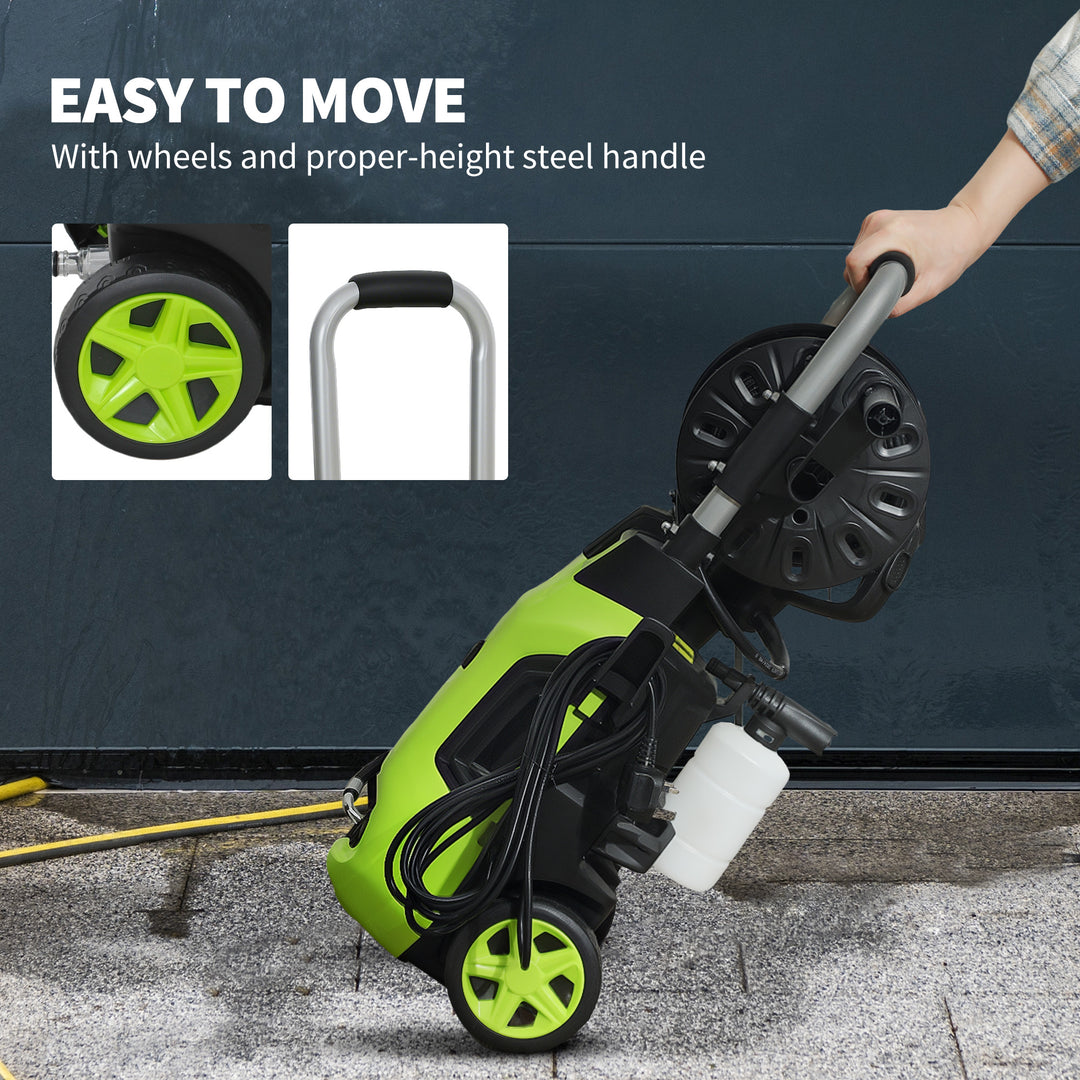 1800W High Pressure Washer, 150 Bar Pressure, 420 L/h Flow, Portable Power Washer Jet Wash Cleaner with Adjustable Nozzle, 6M Hose, Hose Reel, Steel Handle for Home Patio Car Driveway, Green