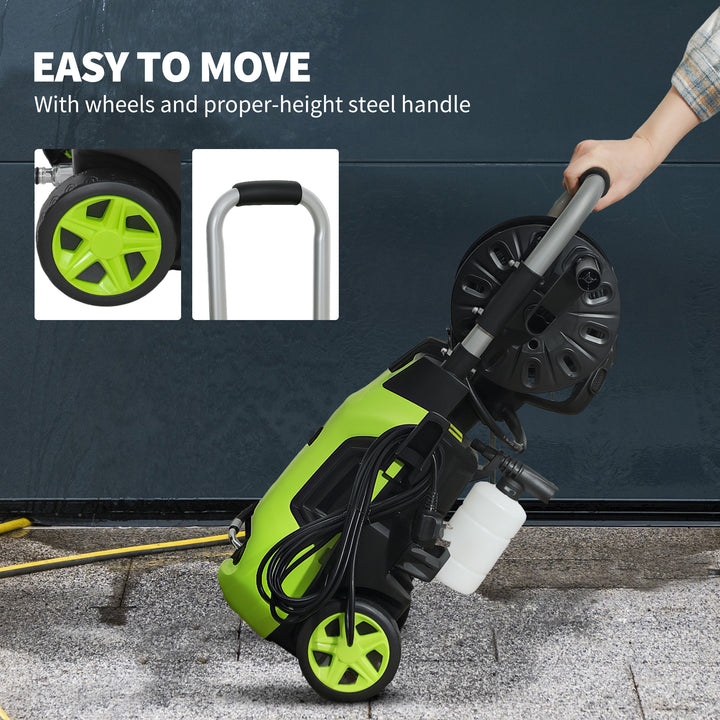 1800W High Pressure Washer, 150 Bar Pressure, 420 L/h Flow, Portable Power Washer Jet Wash Cleaner with Adjustable Nozzle, 6M Hose, Hose Reel, Steel Handle for Home Patio Car Driveway, Green