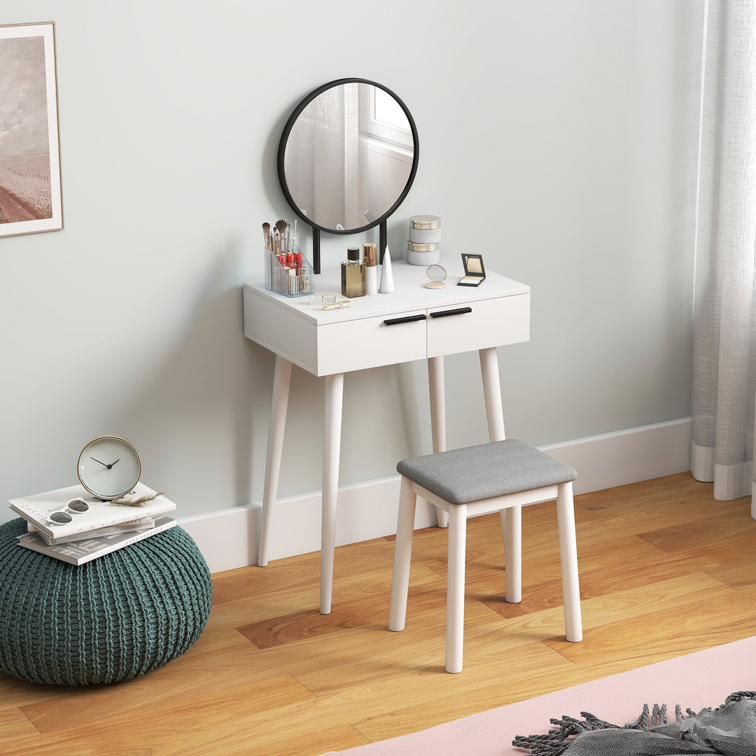 Dressing Table with Mirror and Stool, Vanity Makeup Desk Set with 2 Drawers, Cushioned Stool and Make-up Organiser for Bedroom and Dressing Room, 60 x 40 x 123 cm, White