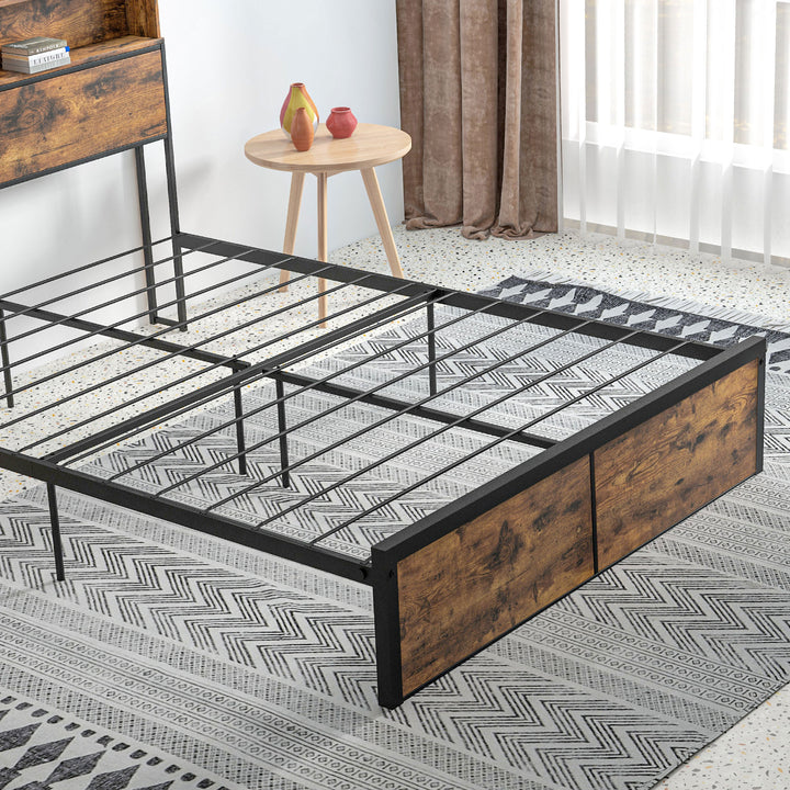 HOMCOM Industrial Double Bed Frame, 4.8FT Steel Bed Base w/ Storage Headboard, Footboard, Under Bed Storage, 145 x 209cm, Rustic Brown