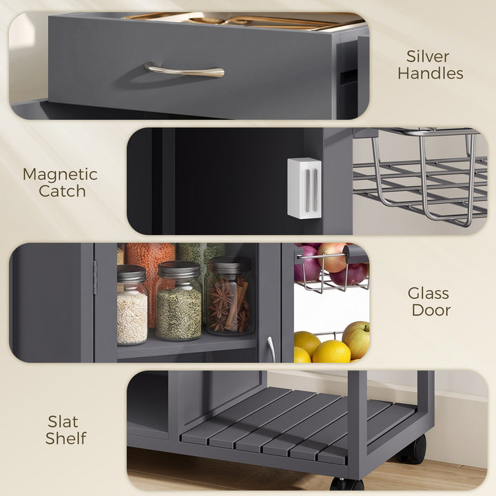 Bamboo Kitchen Island, Rolling Kitchen Trolley with Glass Door, 2 Meta