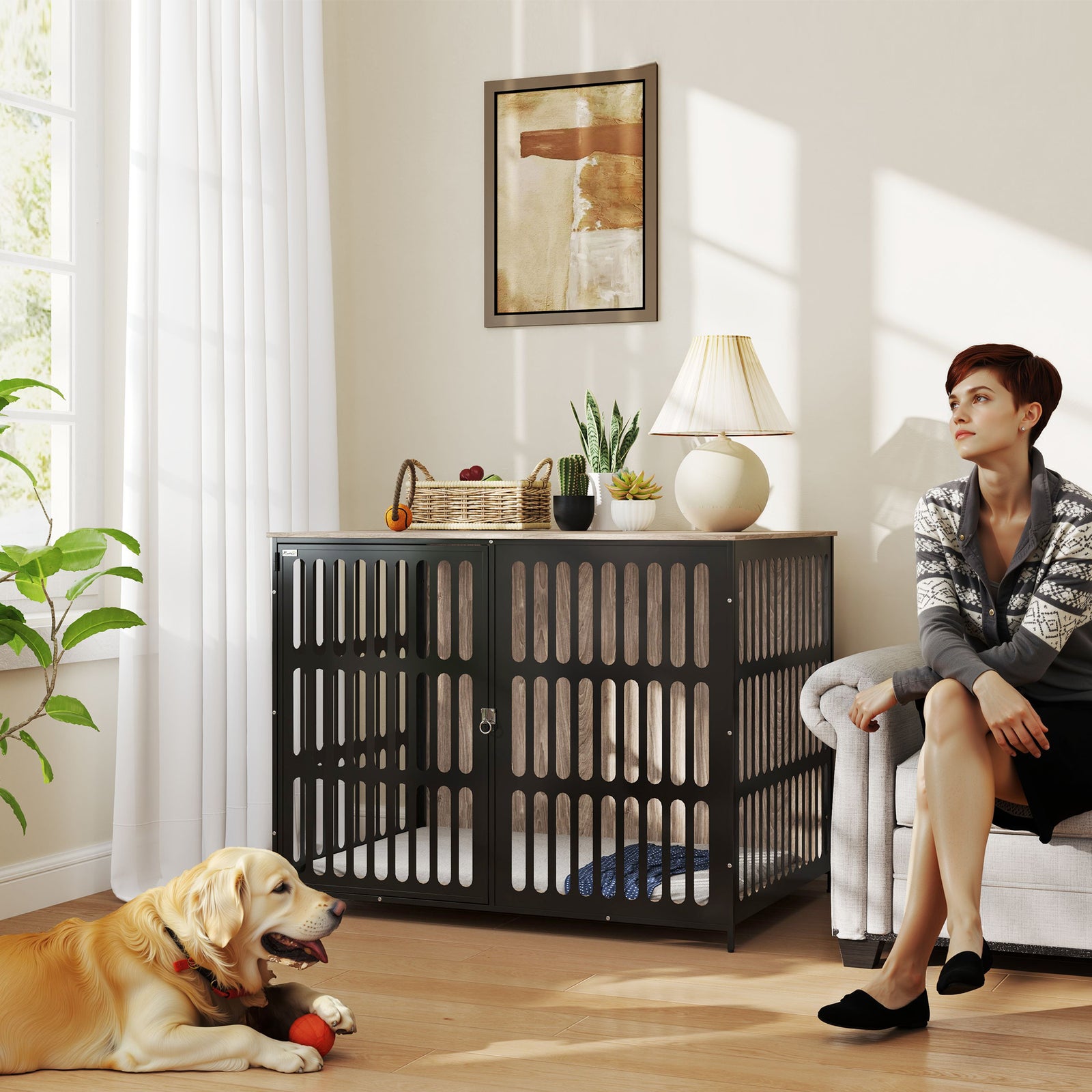 Dog Crate Furniture with Anti-Chew Resistant Mesh, Anti-Escape Single Door, for Extra Large Dogs, 118 x 80 x 92 cm