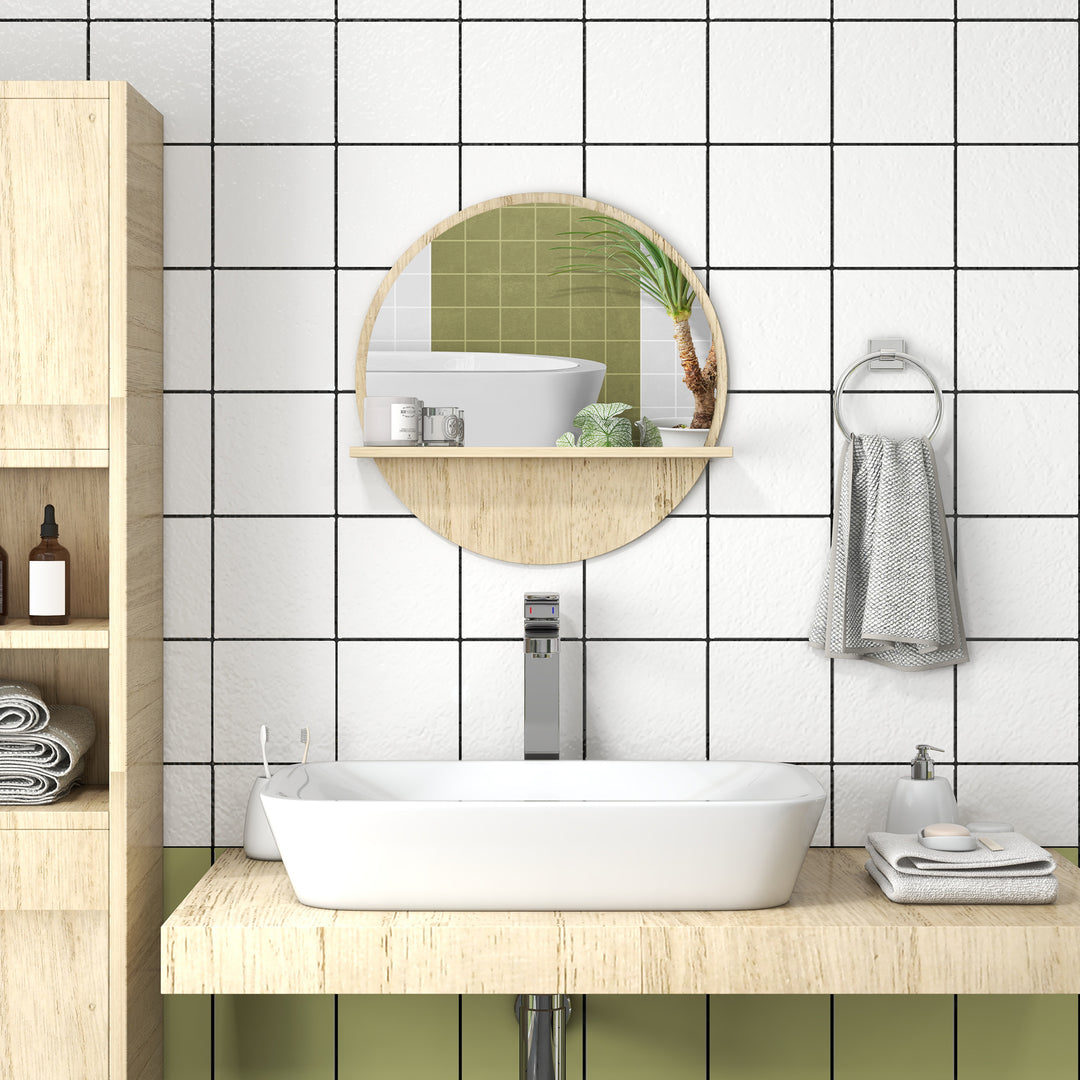 kleankin Decorative Wall Mirror: 45cm Circular Bathroom Mirror with Storage Shelf, Wooden Frame, Natural Wood Effect | Aosom UK