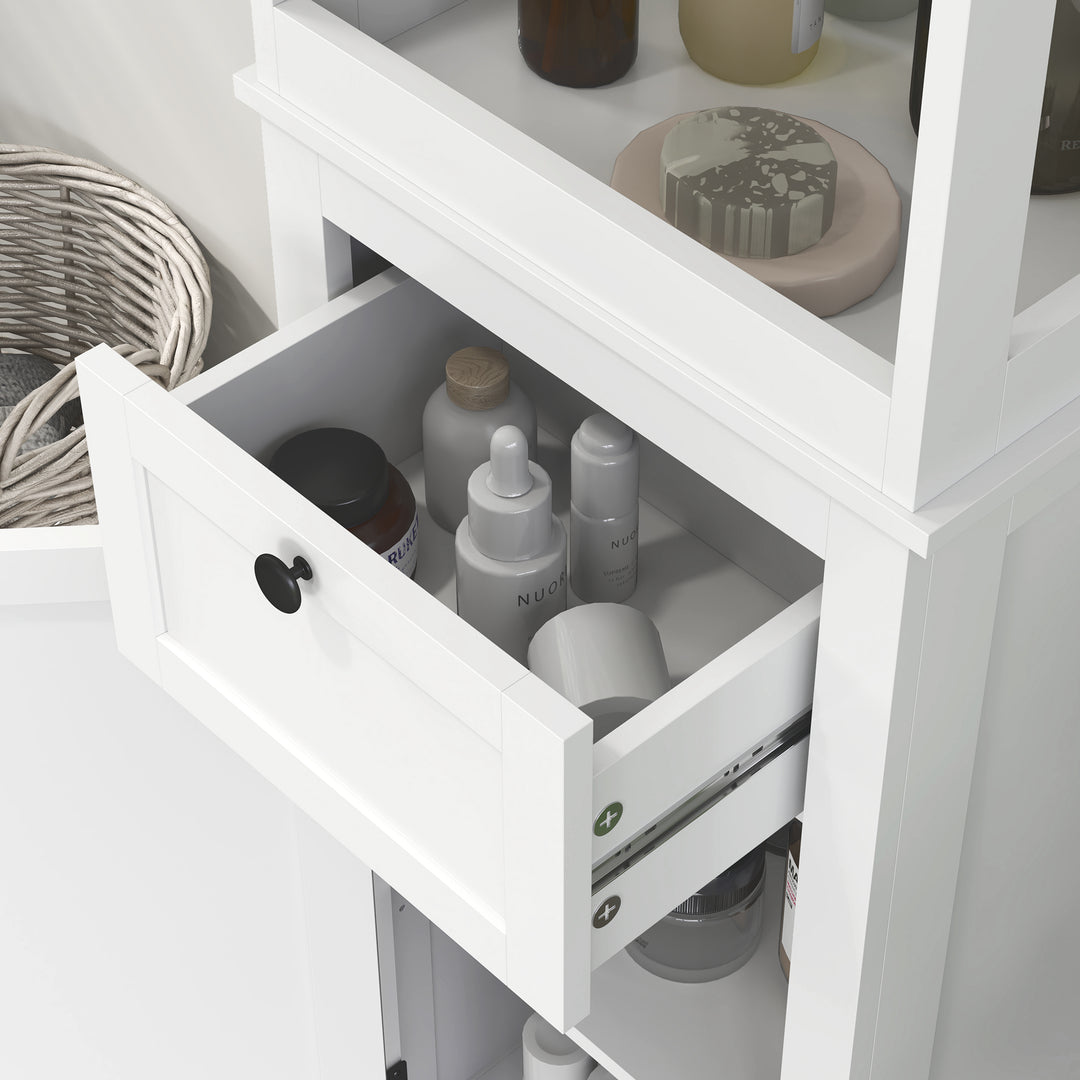 Tall Bathroom Cabinet, Slim Bathroom Storage Cabinet with 2 Open Shelves, Soft Close Door and Drawer, Adjustable Shelf, Narrow Cupboard Storage Unit, White