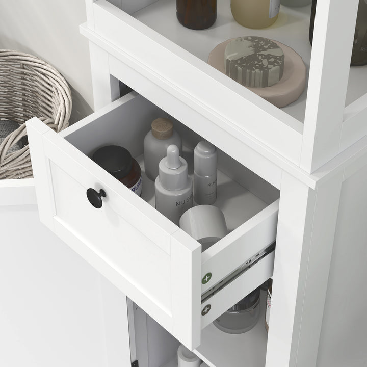 Tall Bathroom Cabinet, Slim Bathroom Storage Cabinet with 2 Open Shelves, Soft Close Door and Drawer, Adjustable Shelf, Narrow Cupboard Storage Unit, White