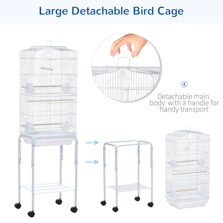 MCL Bird Cage Budgie Cages for Finch Canary Parakeet with Stand Wheels Slide-out Tray Accessories Storage Shelf, White 46.5 x 36 x 157 cm