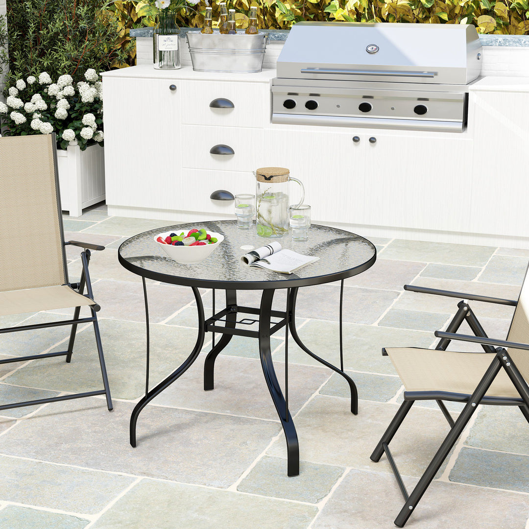 Tempered Glass Top Round Outdoor Dining Table with Parasol Hole, 96.5 x 96.5 x 71 cm