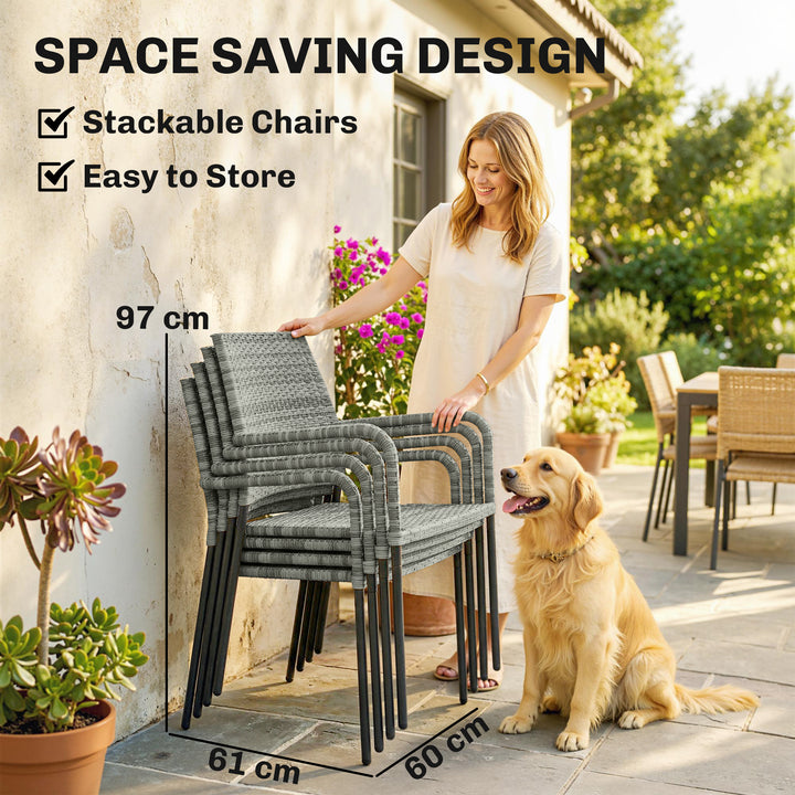 4 Seater Rattan Dining Set with Parasol, 6 Piece Garden Table and Stac