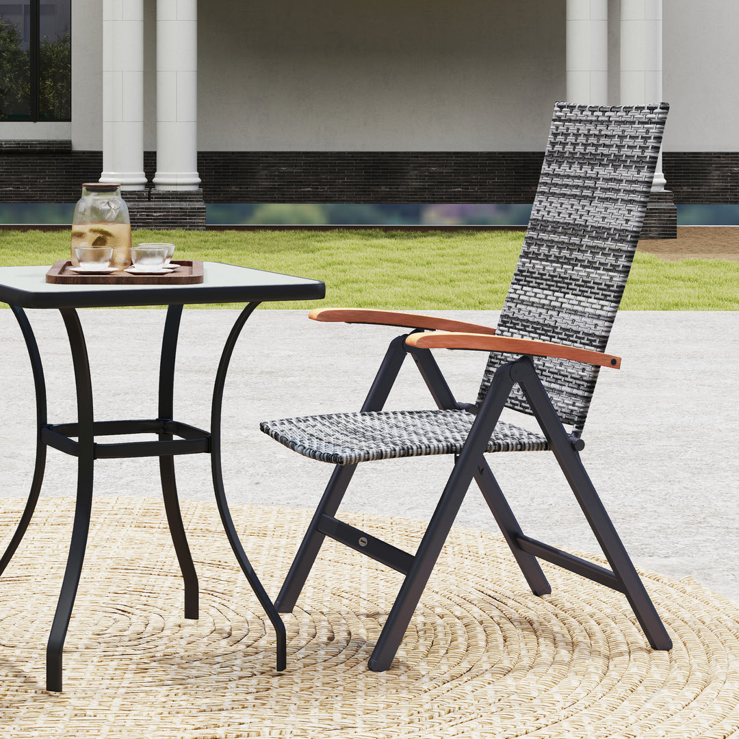 Folding Rattan Garden Dining Chair with 5-level Reclining High Back, Wood Armrests for Outdoor, Patio - Light Grey