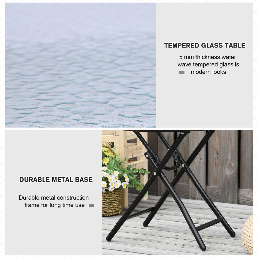 MCL Foldable Garden Table, Round Folding Table with Glass Tabletop and Safety Buckle for Patio, Garden, Outdoor, Indoor, Black