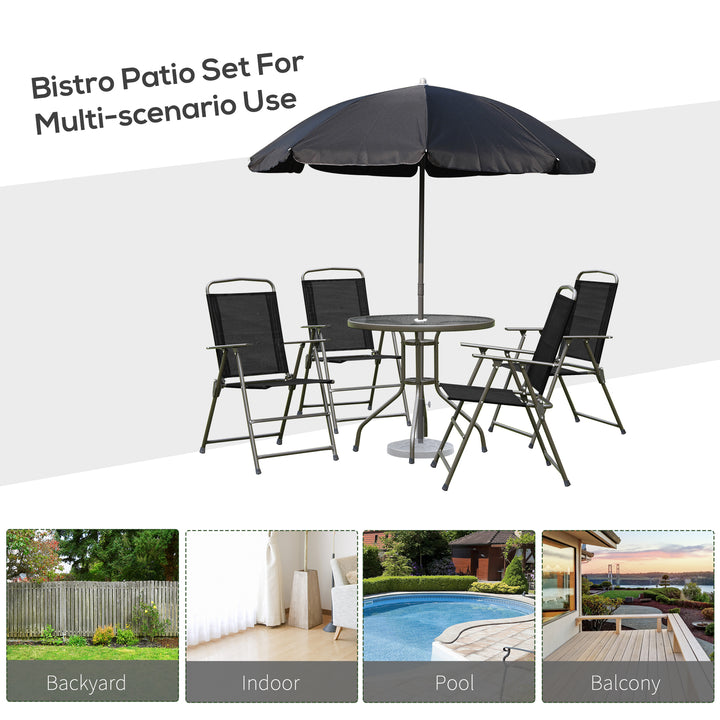 Outsunny 6 PCs Garden Patio Furniture Set Bistro Set Texteline Folding Chairs +Table +Parasol (Black)