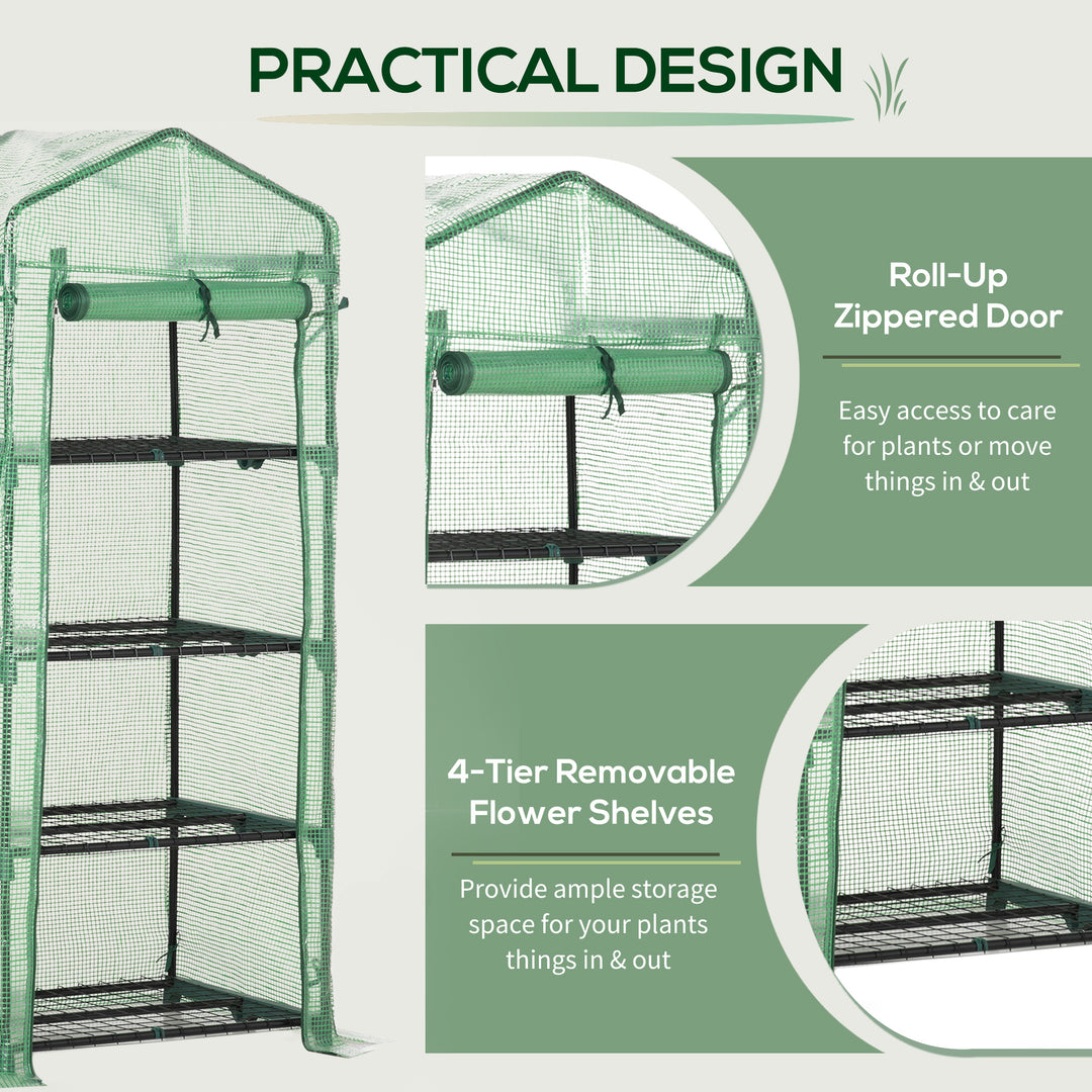 4 Tier Mini Greenhouse, Portable Compact Green House with Steel Frame, PE Cover, Roll-up Door, 70 x 50 x 160 cm, Green