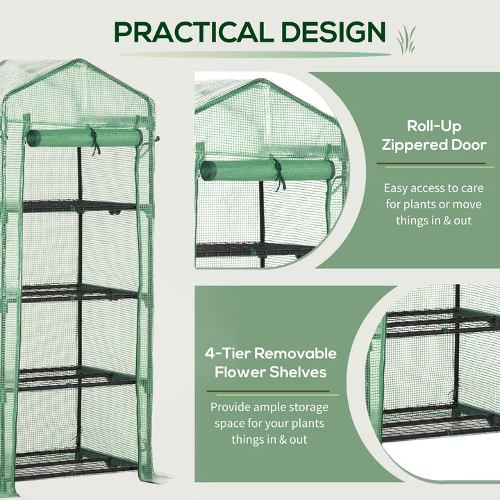 4 Tier Mini Greenhouse, Portable Compact Green House with Steel Frame, PE Cover, Roll-up Door, 70 x 50 x 160 cm, Green