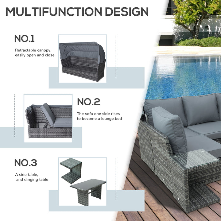 5 PCS Outdoor Rattan Wicker Sofa Sets Reclining Sofa Adjustable Canopy & Side Table Dining Table Set Sectional Conversation Furniture w/ Cushions, Mixed Grey