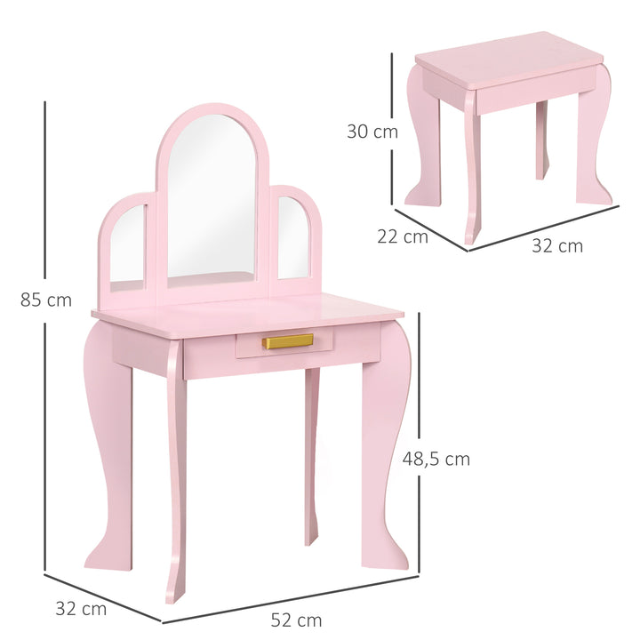 HOMCOM Kids Dressing Table with Mirror and Stool, Kids Vanity Set, Girl Makeup Desk with Drawer for 3