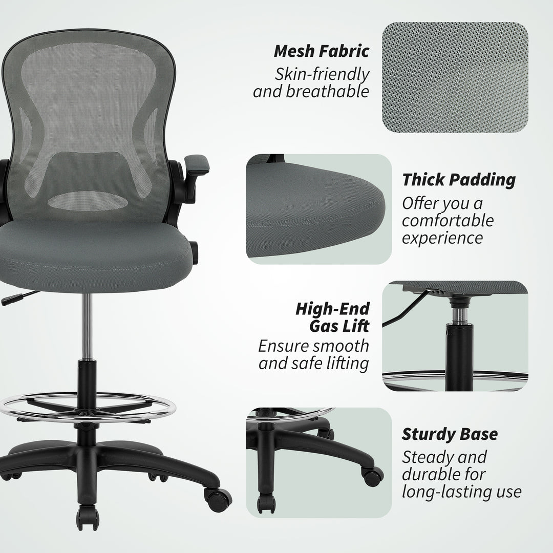 Draughtsman Chair with Flip-up Armrests, Mesh Standing Desk Chair with Lumbar Support and Adjustable Foot Ring for Bar Counter, Charcoal Grey