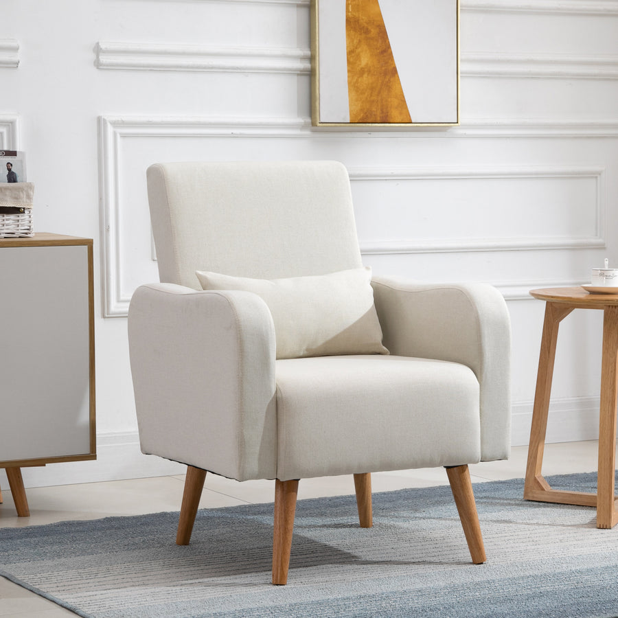 Accent Chair, Linen-Touch Armchair with Pillow, Upholstered Leisure Lounge Sofa for Living Room, Club Chair with Rubber Wooden Frame, Cream
