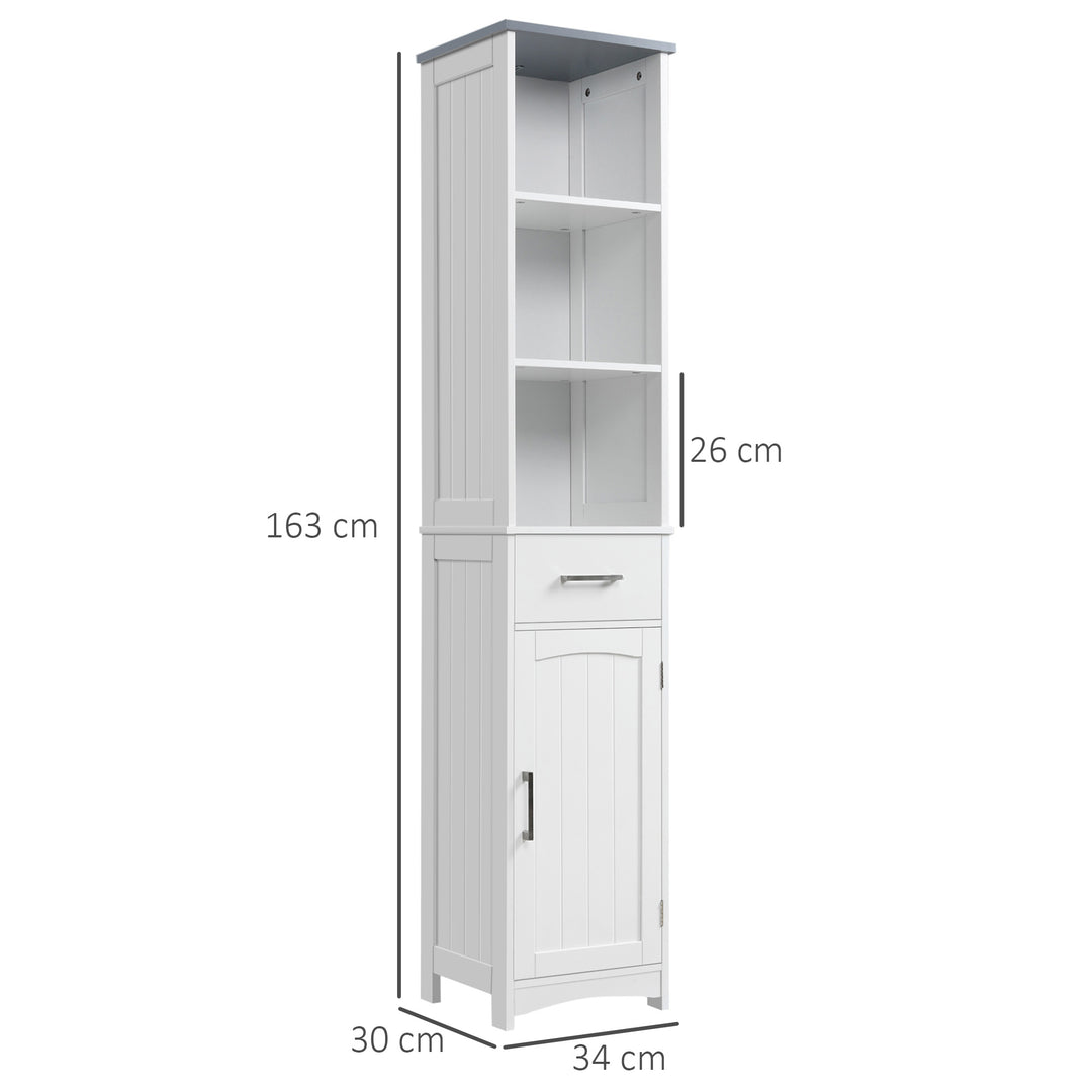 MCL Tall Bathroom Storage Cabinet with 3 Tier Shelf, Cupboard, Drawer, Door, Freestanding Linen Tower, Slim Side Organizer, White