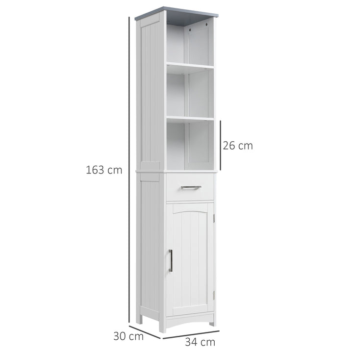MCL Tall Bathroom Storage Cabinet with 3 Tier Shelf, Cupboard, Drawer, Door, Freestanding Linen Tower, Slim Side Organizer, White