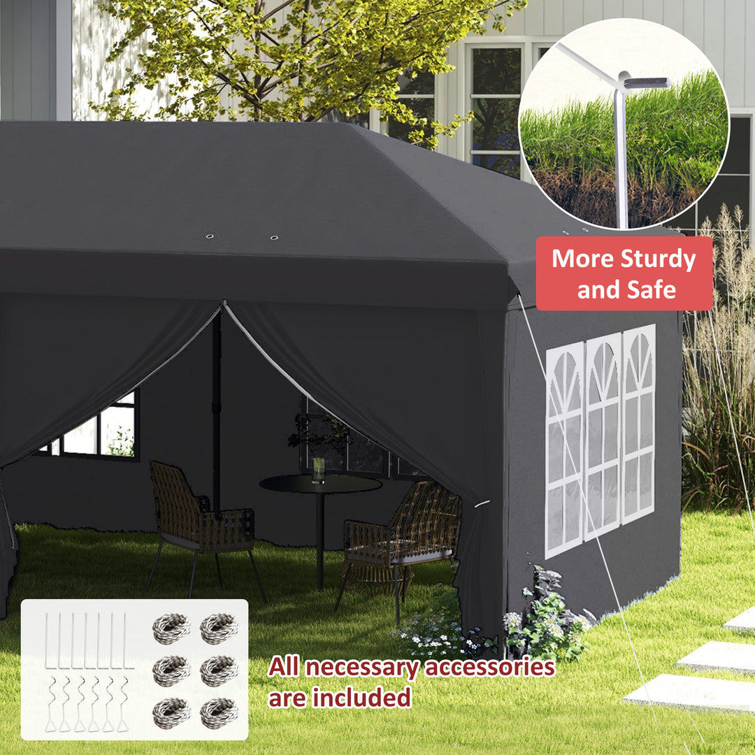 3 x 6 m Garden Pop Up Gazebo, Wedding Party Tent Marquee, Water Resistant Awning Canopy with Sidewalls, Windows, Carry Bag, Grey