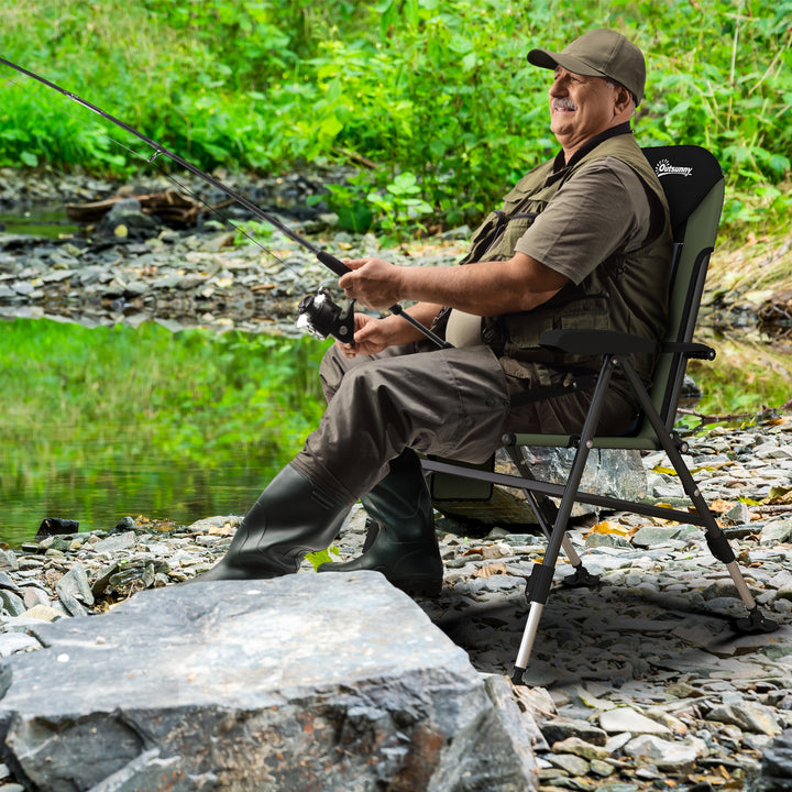 Outsunny Portable Fishing Chair with Foldable Metal Frame, Adjustable Legs for Outdoor Use, Green/Black | Aosom UK