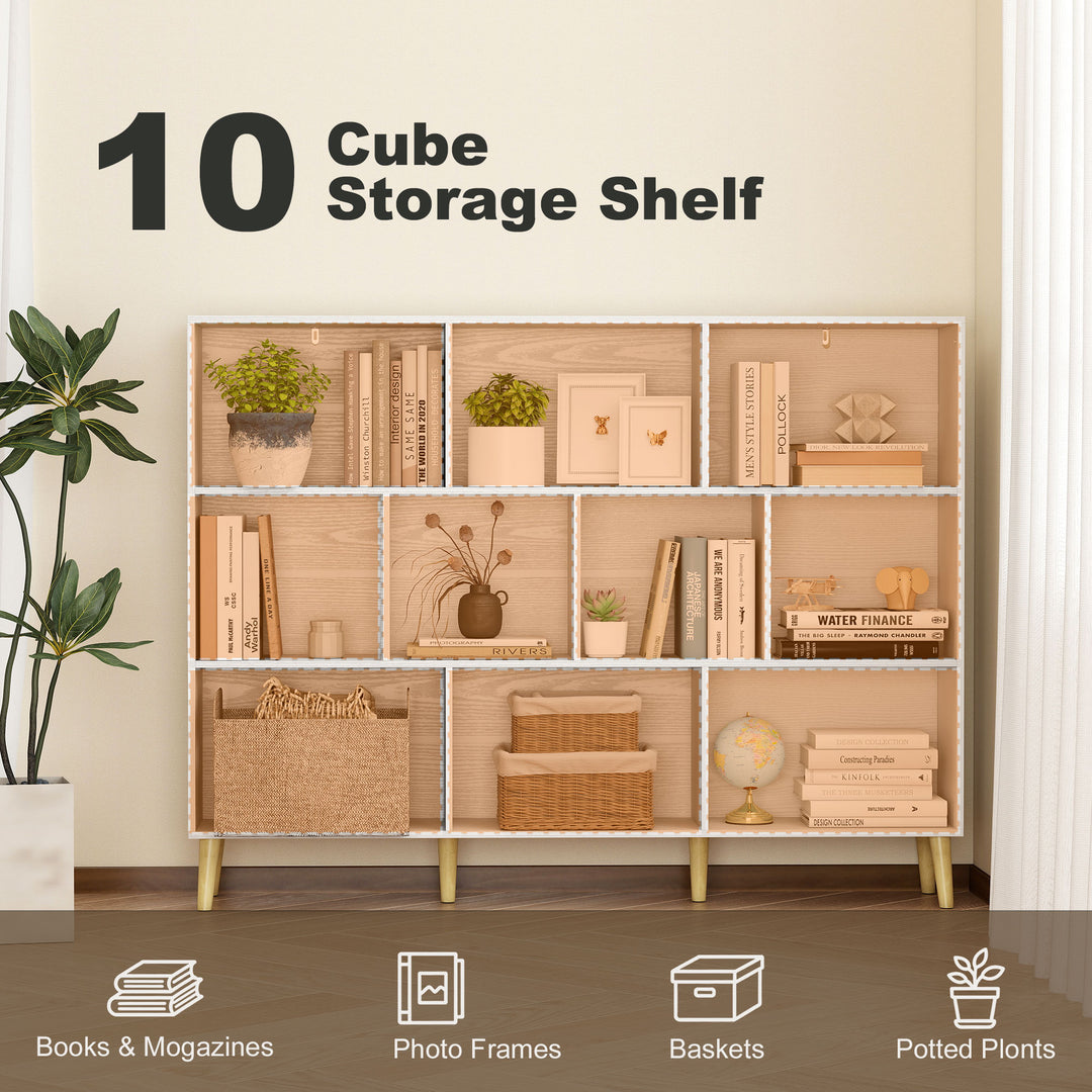 10-Cube Bookcase, 3-Tier Book Shelf with Solid Wood Legs, 140 cm Moder