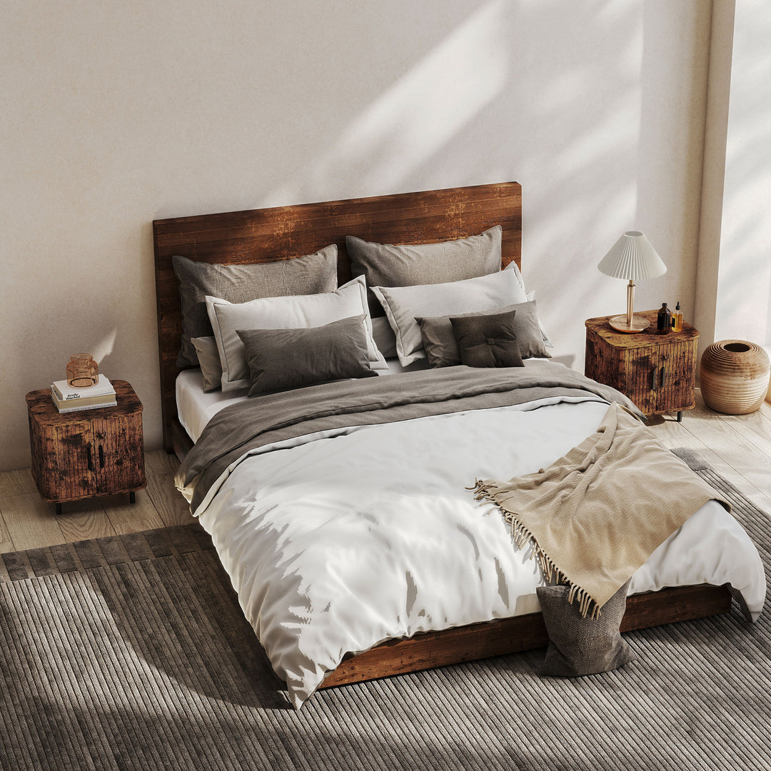 Bedside Table, Nordic Side Table with Roller Shutter Style Sliding Doors and Metal Legs for Bedroom, Living Room, Rustic Brown