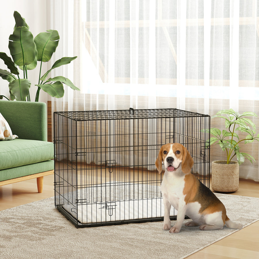 Foldable Dog Crate with 2 Doors with Tray, Soft Cushion, for Large Medium Dogs, 91 x 62 x 68, Black