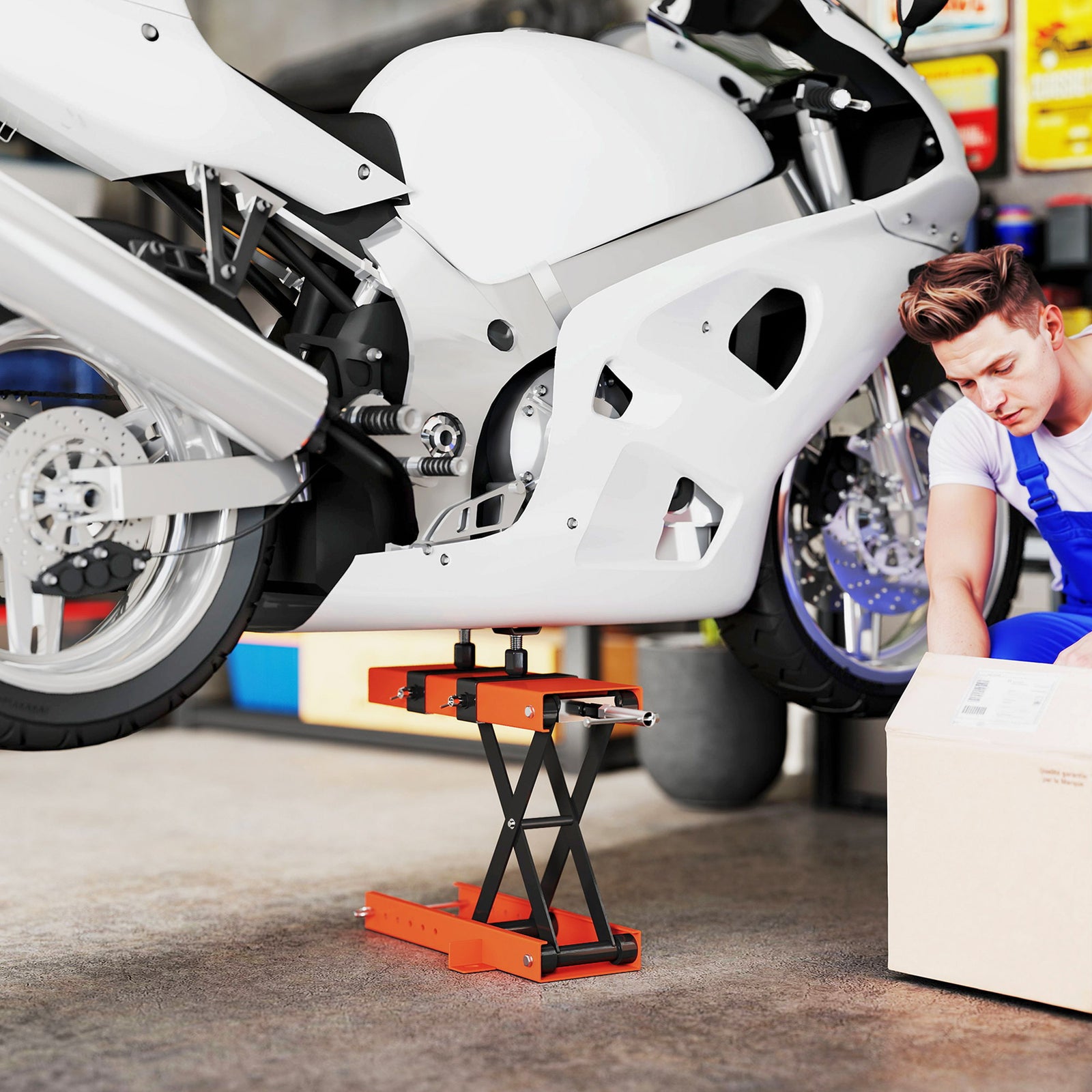 500 kg Motorcycle Scissor Lift Jack, Heavy Duty Steel Adjustable Motorbike Lifting Hoist Stand with Safety Pin, Foldable Lifter for Dirt Bike Repair Maintenance, 45x15 cm Large Platform, Orange