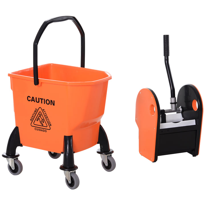 HOMCOM 26L Mop Bucket with Wringer, Mop Bucket on Wheels with Carry Handle, Mop Holder, Plastic Body for Household, Orange | Aosom UK