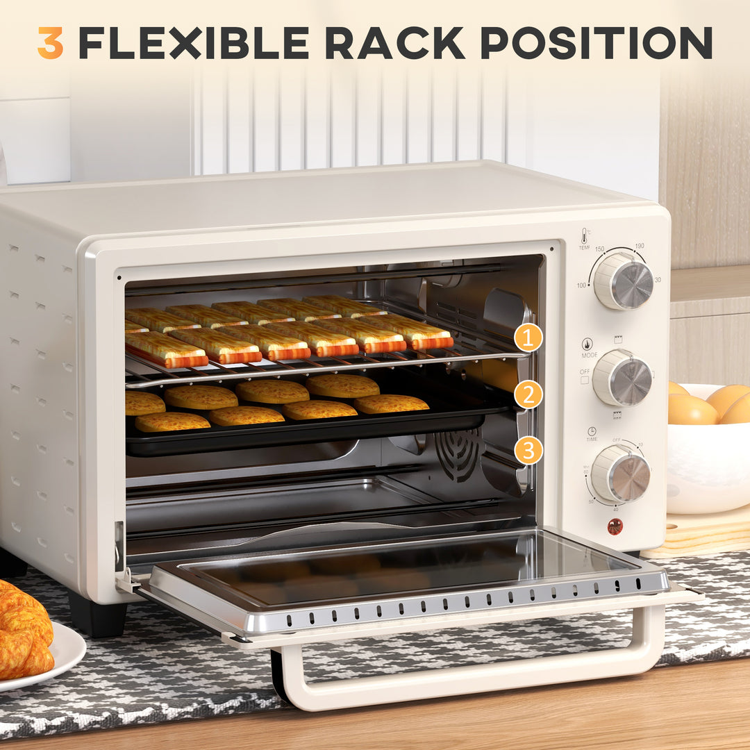 HOMCOM Mini Oven, 21L Countertop Electric Grill, Toaster Oven with Adjustable Temperature, Timer, Baking Tray and Wire Rack, 1400W, Cream | Aosom UK