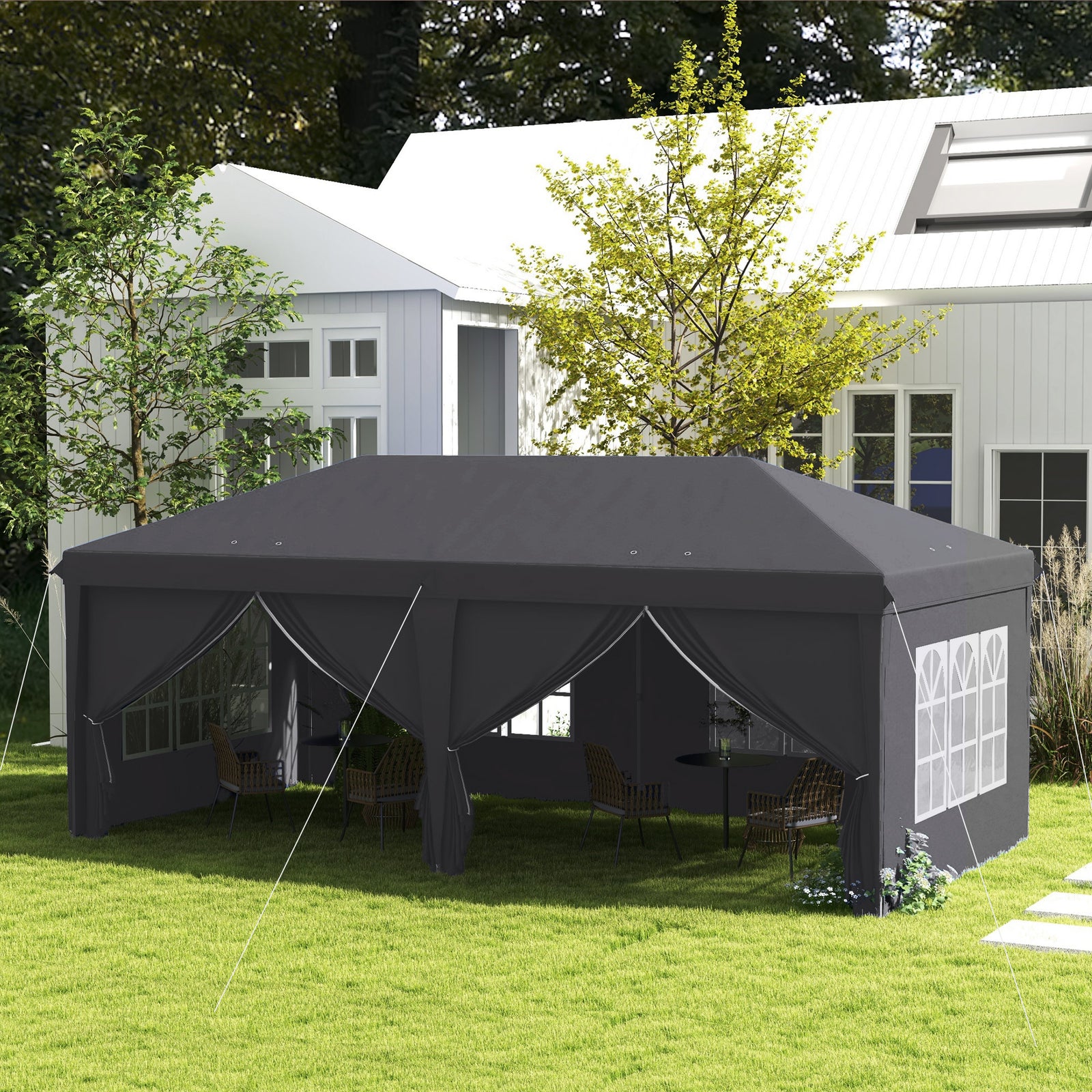 3 x 6 m Garden Pop Up Gazebo, Wedding Party Tent Marquee, Water Resistant Awning Canopy with Sidewalls, Windows, Carry Bag, Grey