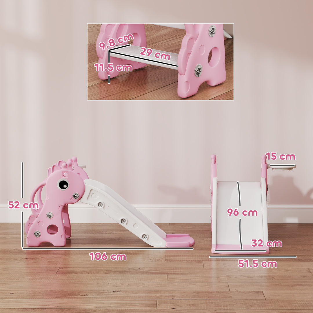 AIYAPLAY 3 in 1 Kids Slide with Climber, Basketball Hoop and Ball, Giraffe Shape Climber Slide for Indoor Kids Age 1-3, Pink
