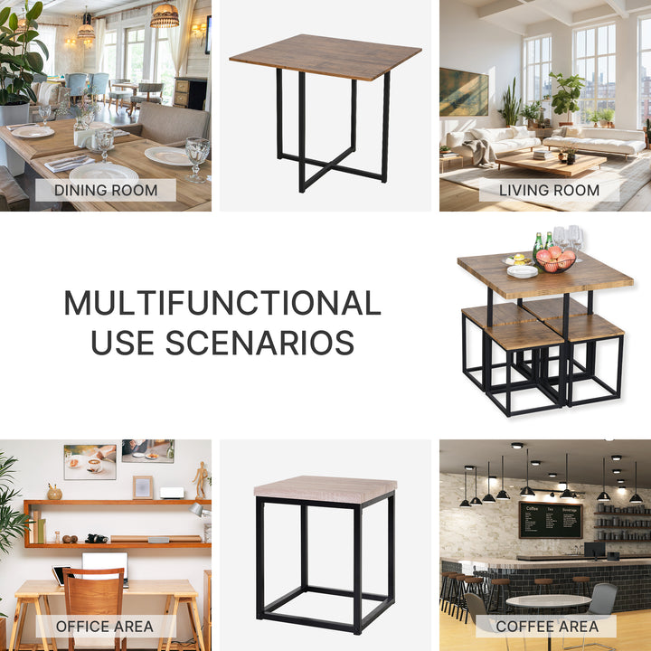 5 Piece Dining Table and Chairs Set 4, Industrial Space Saving Table and Chairs with Metal Frame, Square Kitchen Table and Stools for Dining Room, Brown