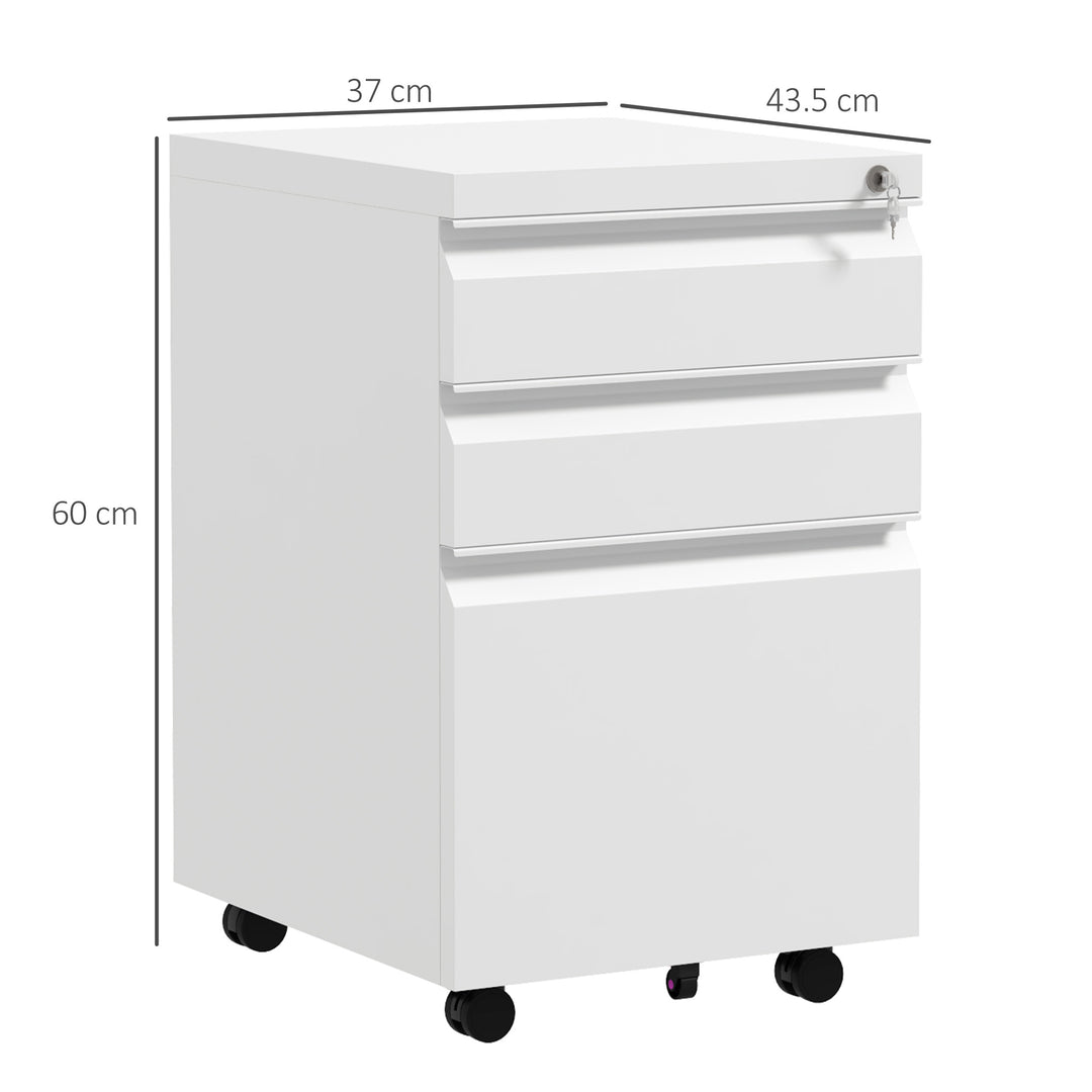 3-Drawer Filing Cabinet with Lock, Mobile Steel File Cabinet for A4, Legal and Letter Size, Under Desk Drawers with Pre-Assembled Body for Home Office, 37 x 43.5 x 60 cm, White