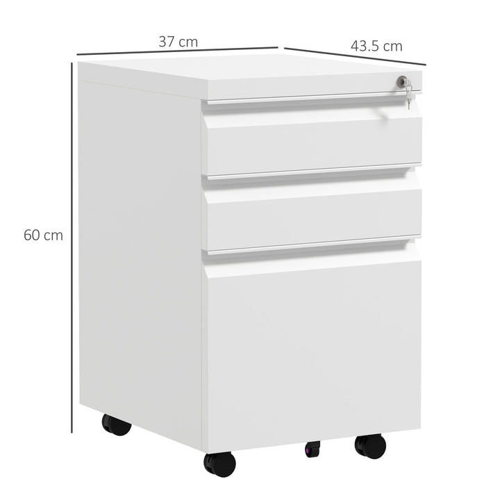 3-Drawer Filing Cabinet with Lock, Mobile Steel File Cabinet for A4, Legal and Letter Size, Under Desk Drawers with Pre-Assembled Body for Home Office, 37 x 43.5 x 60 cm, White