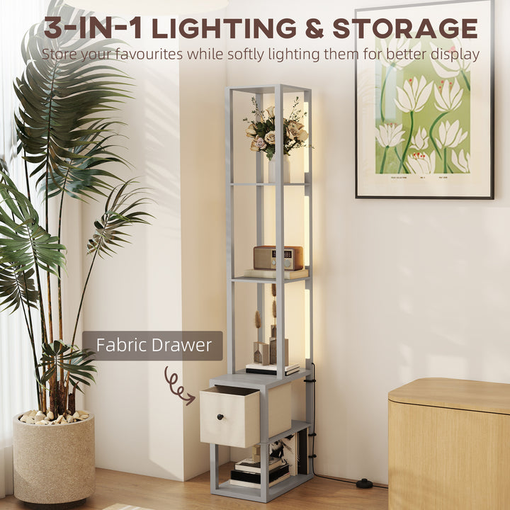 Floor Lamp with Shelves, LED Column Modern Standing Lamp with Fabric Drawer, Adjustable Brightness, Foot Switch for Living Room, Bedroom, Office, Grey